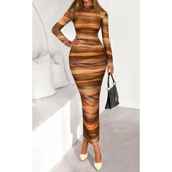 Women's Brown Long Sleeve Spring Ruched Bodycon Floral Mesh Maxi Dress - Picture 2 of 5